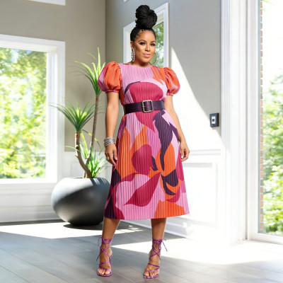 EVE Print Puff Sleeveless Press Pleated Maix Dress(Without Belt) YF-11064