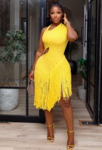 EVE Solid Color Knits Short Sleeve Tassel Midi Dress GKYS-3087