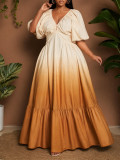 EVE V Neck Puff Sleeve Gradient-Color Maxi Dress GYLY-11265