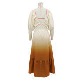 EVE V Neck Puff Sleeve Gradient-Color Maxi Dress GYLY-11265