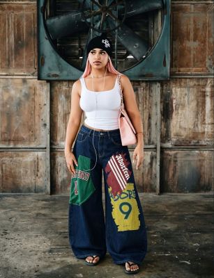EVE Plus Size Patchwork Graffiti And Print Loose Jeans GYLN-0824