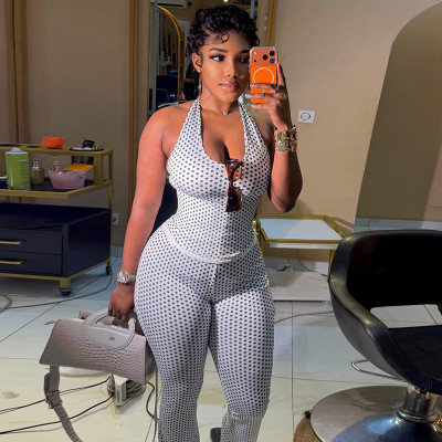 EVE Halterneck V Neck Polka Dot Print Jumpsuit GJYO-JS919185