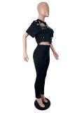 EVE Fashion Ripped Studded Two-Piece Pants Set(With Pin) SHD-8501