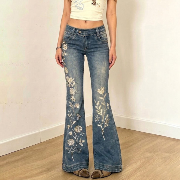 EVE Floral Embroidery Micro Flare Jeans GPKJ-MR49336