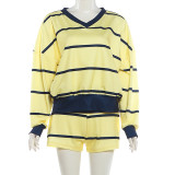 EVE Stripe Print Patchwork Long Sleeve Shorts Suit GZJQ-K6S11536A
