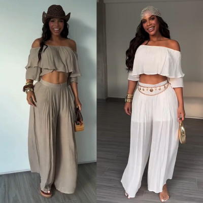 EVE Solid Color One Shoulder Two Piece Pants Set NY-3906