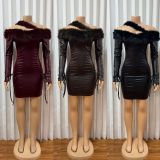 EVE Slash Shoulder Furry Lapel Leather Mini Dress GADE-5474