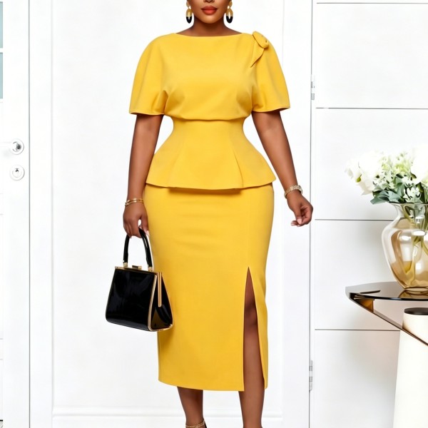 EVE Plus Size Solid Color Short Sleeve Ruffles Midi Dress GATE-638