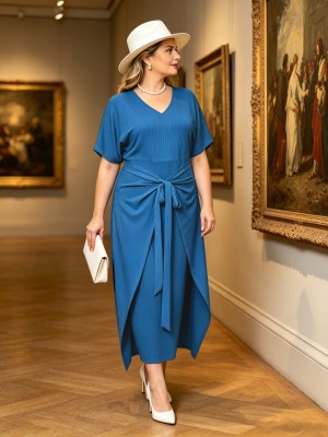 EVE Plus Size Solid Color Tie Up Maxi Dress GAWE-6767