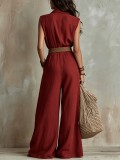 EVE Solid Color Sleeveless Wide Leg Jumpsuit(With Belt) GWDS-260504