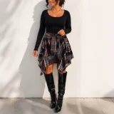 EVE Solid Long Sleeve Top Irregular Print Skirt Suit HNIF-HN104