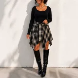EVE Solid Long Sleeve Top Irregular Print Skirt Suit HNIF-HN104