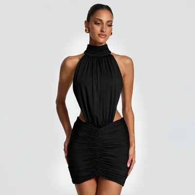 EVE Sleeveless Halterneck Backless Ruched Mini Dress GSZM-J26DS292