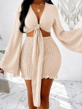 EVE Long Sleeve Tie Up Mini Skirt 2 Piece Set HNIF-SY045