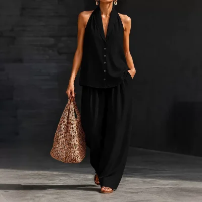 EVE Halterneck Sleeveless Shirt Wide Leg Pants Suit HNIF-TY042
