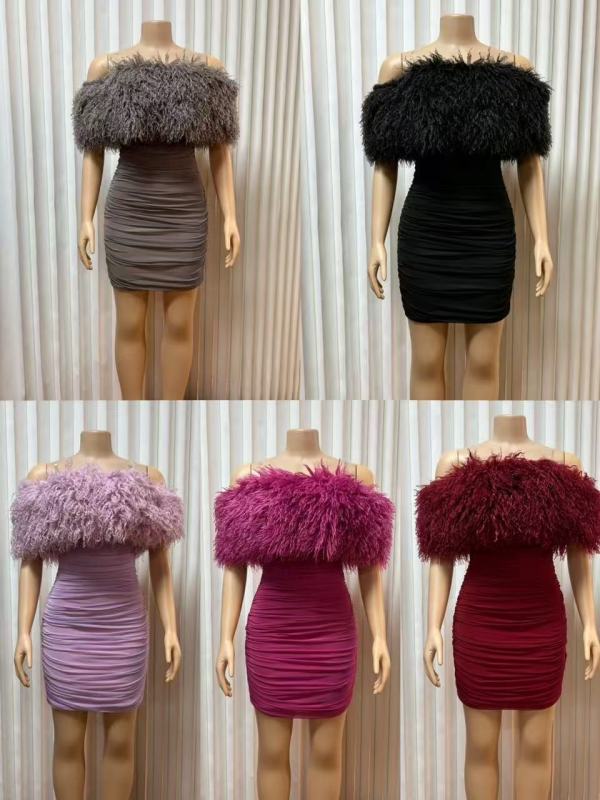EVE One Shoulder Fuzzy Patchwork Mesh Mini Dress GMYU-10321