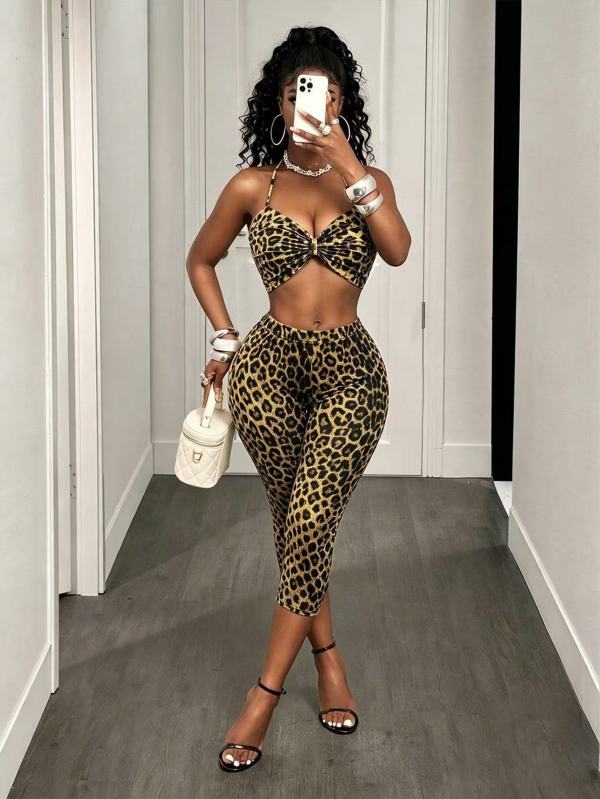 EVE Leopard Print Halterneck Top Seventh Pants Suit GFCF-1505