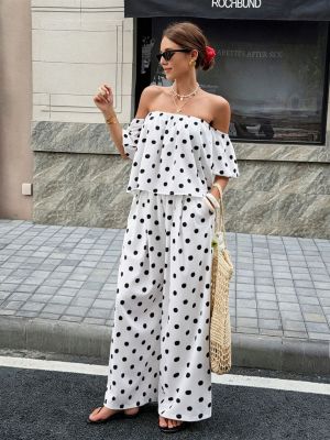 EVE One Shoulder Polka Dot Print Two Piece Pants Set SHD-8502