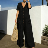 EVE Plus Size Solid Color Short Sleeve Casual Jumpsuit NNWF-8175