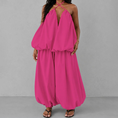 EVE Plus Size Solid Color Sling Loose Backless Pants Suit NNWF-8193
