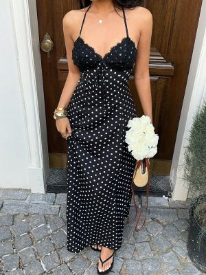EVE Polka Dot Print V Neck Lace Maxi Dress GXIY-K26L2736