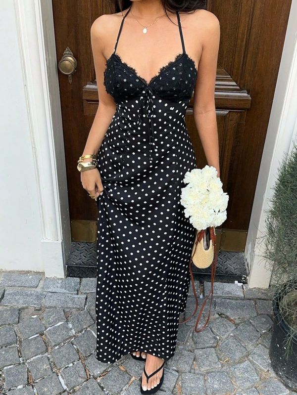 EVE Polka Dot Print V Neck Lace Maxi Dress GXIY-K26L2736