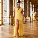EVE Solid Color Ruched V Neck Maxi Dress GJYO-JD305606