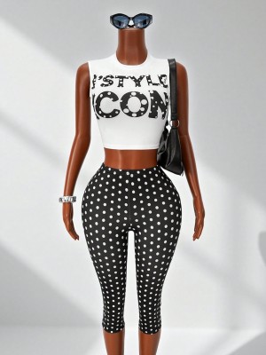 EVE Letter Print Tank Top Polka Dot Pants Suit GHYX-TXY5463