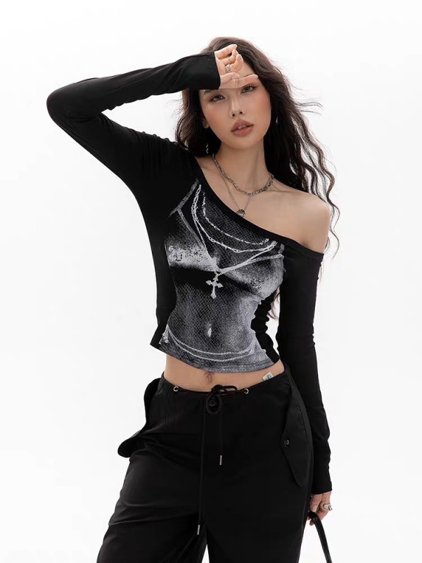 EVE Print Slash Neck Long Sleeve Tops GXIY-K25L1366