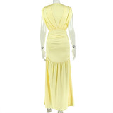 EVE Solid Color Ruched V Neck Maxi Dress GJYO-JD305606
