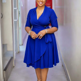 EVE Plus Size Solid Color Tie Up Midi Dress NNWF-8206