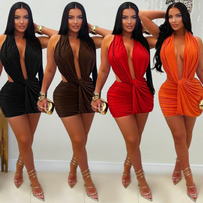 EVE Deep V Neck Halterneck Mini Dress BY-7771