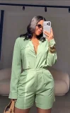 EVE Long Sleeve Solid Shirts Two Piece Short Set GMYU-11322