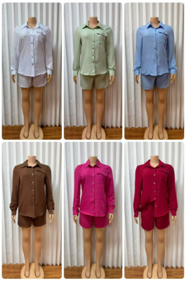 EVE Long Sleeve Solid Shirts Two Piece Short Set GMYU-11322