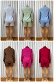 EVE Long Sleeve Solid Shirts Two Piece Short Set GMYU-11322