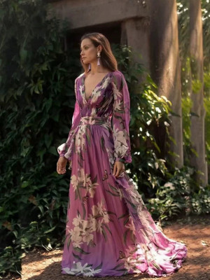 EVE Chiffon Printed V-Neck Maxi Dress GXRF-QC163