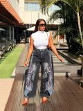 EVE Plus Size Irregular Patchwork Print Jeans GYLN-8091