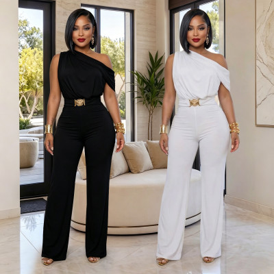 EVE Slash Shoulder Solid Color Jumpsuit BY-7718