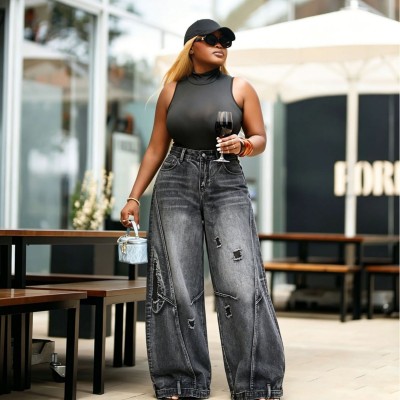 EVE Plus Size Holes Wide Leg Jeans GYLN-7824