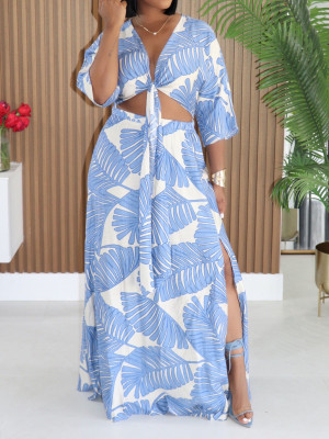 EVE Print Tie Up Top Split Long Skirt Suit MIL-L387
