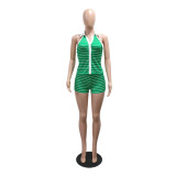 EVE Stripe Lapel Deep V Neck Two Piece Short Set CYA-902420
