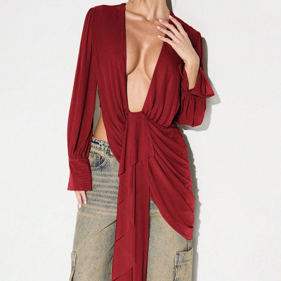 EVE Deep V Neck Pleated Backless Tops GDSF-Q26TP135