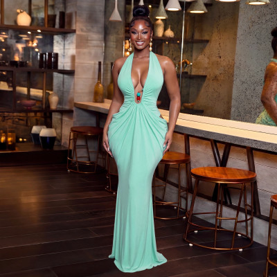 EVE V Neck Halterneck Tie Up Maxi Dress YF-11083