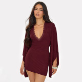 EVE Flare Long Sleeve V Neck Mini Dress GSZM-D26DS272