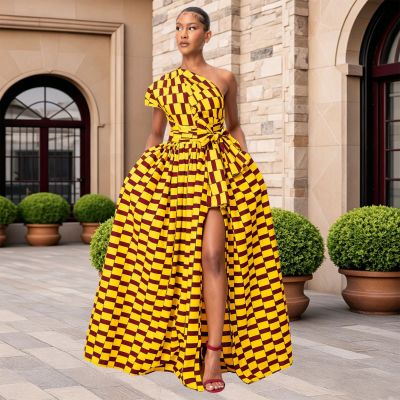 EVE Single Shoulder Print Split Maxi Dress YF-60024