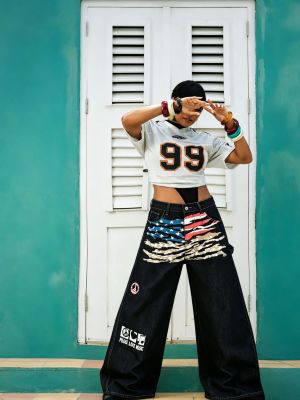 EVEPlus Size Flag-Print Wide-Leg Jeans GYLN-9092