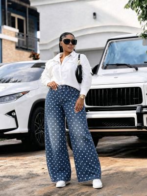 EVE Plus Size Polka Dot Print Embroidered Jeans GYLN-0086