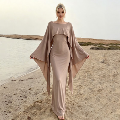 EVE Solid Color Bat Sleeve Shawl+Sling Dress 2 Piece Set GPKJ-MR50115