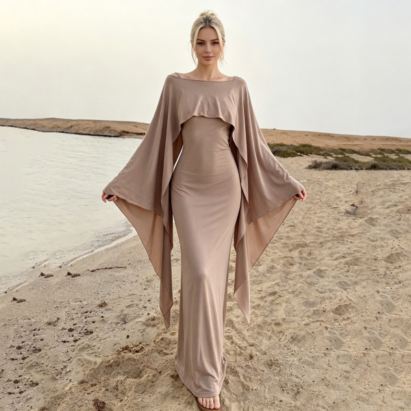 EVE Solid Color Bat Sleeve Shawl+Sling Dress 2 Piece Set GPKJ-MR50115