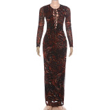 EVE Long Sleeve Print Tie Up Split Maxi Dress XEF-K6D13727A